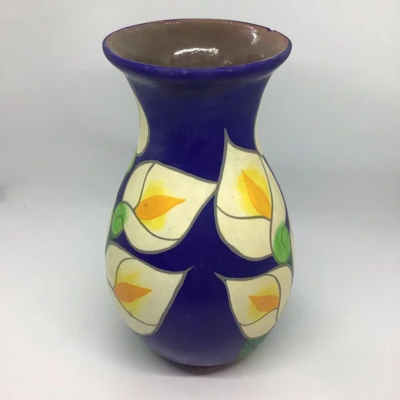 Vtg Mexican Blue Calla Lily Flower Hand Painted Red Clay Vase Pottery Folk Art - Picture 5 of 7